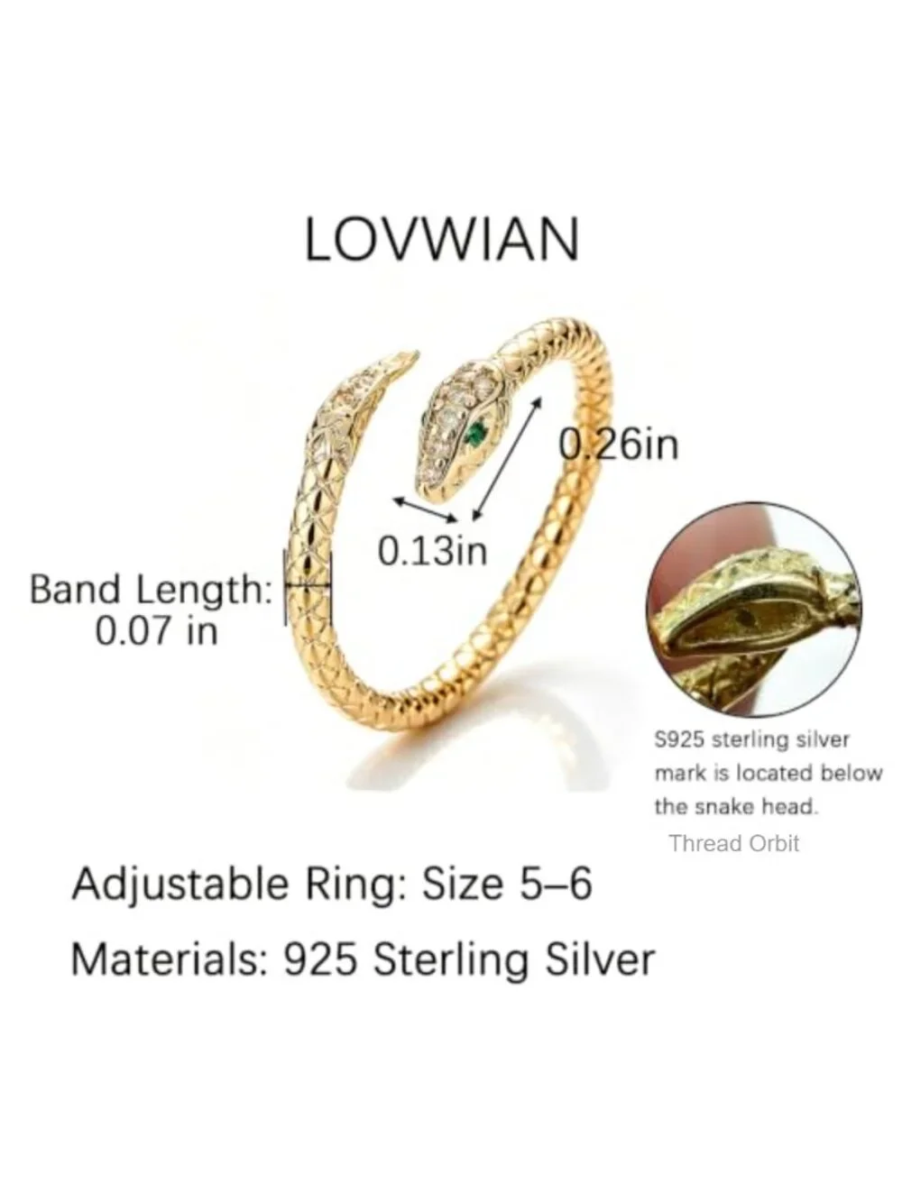 925 Sterling Silver 14k Gold Plated Adjustable CZ Snake Ring Stacking Band